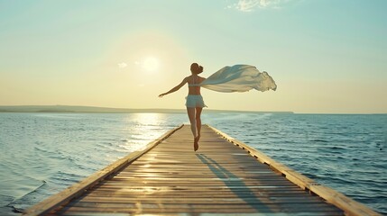 Carefree girl running on jetty while holding towel during vacation : Generative AI - Powered by Adobe