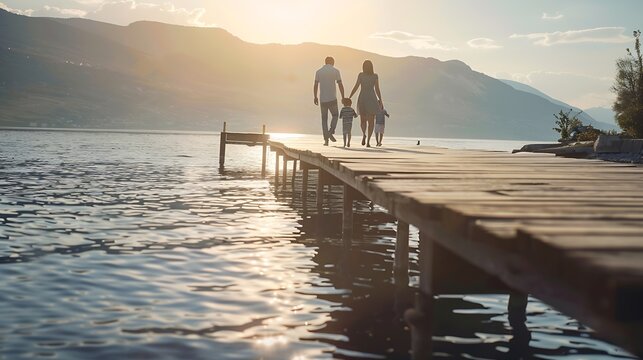 Family walking on jetty at lake during vacation : Generative AI