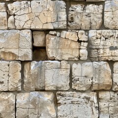 Closeup of ancient stone walls at the Western Wall in Jerusalem, with layers of worn stone and prayer notes wedged into cracks The intricate textures reflect Israels deep historical significance