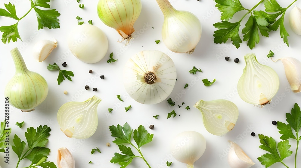 Poster onion bulbs and parsley composition and creative layout isolated on white background healthy eating 