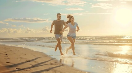 happy couple running on the beach : Generative AI