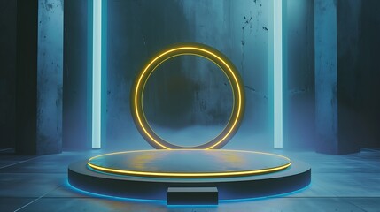 Futuristic podium and background concept Hexoganal stage platform with yellow rings and background with blue LED light for product display advertising 3D render : Generative AI