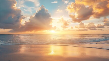 Obraz premium Idyllic sunset sky with cloud on sea beach sand wave exotic summer vacation concept : Generative AI