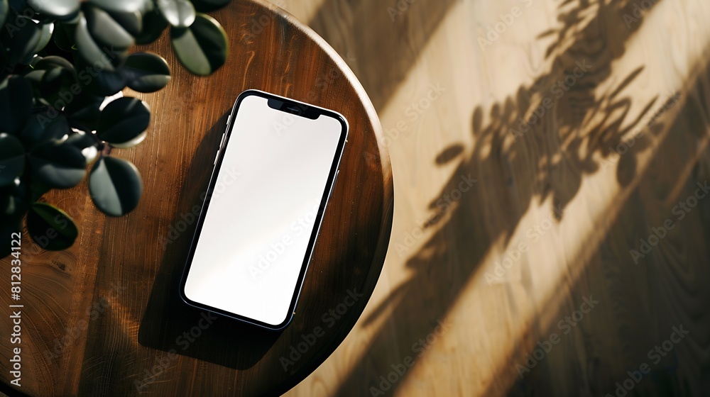Poster Blank screen mobile phone with copy space on wooden side table Flat lay top view Copy space mockup template : Generative AI