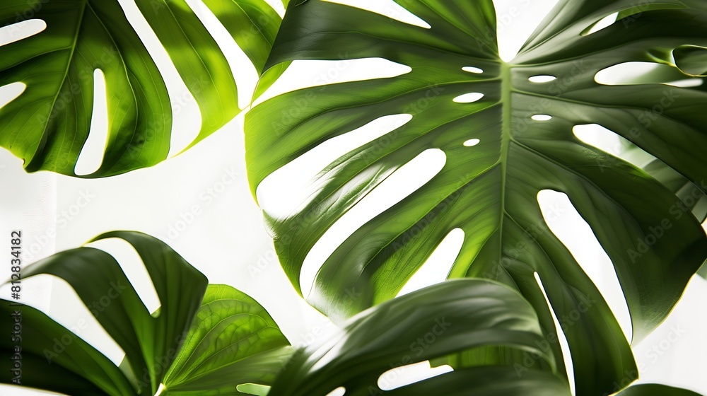Poster Tropical leaves is placed on a white canvas with part of the leaf layout and copy space : Generative AI