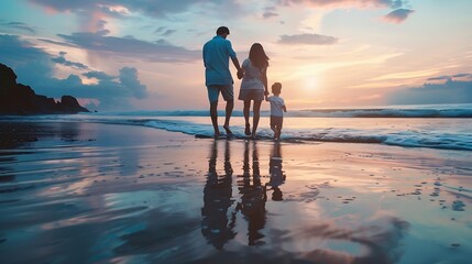 Happy family holidays Joyful father mother baby son walk with fun along edge of sunset sea surf on black sand beach Active parents and people outdoor activity on summer vacations with  : Generative AI
