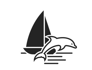 sea vacation icon. dolphin and sailing yacht. summer symbol. isolated vector image for tourism design
