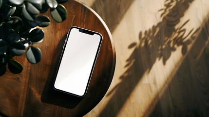 Blank screen mobile phone with copy space on wooden side table Flat lay top view Copy space mockup template : Generative AI