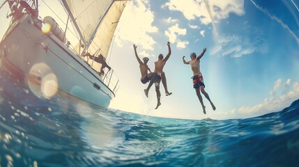 Happy friends diving from sailing boat into the sea  Young people jumping inside ocean in summer excursion day  Vacation youth and fun concept  Soft focus on left man  Fisheye lens dis : Generative AI