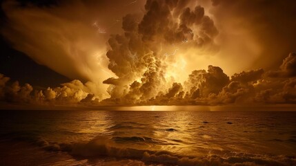 The image shows a beautiful beach with a calm sea under a cloudy sky. The sky is painted in shades of yellow and orange.