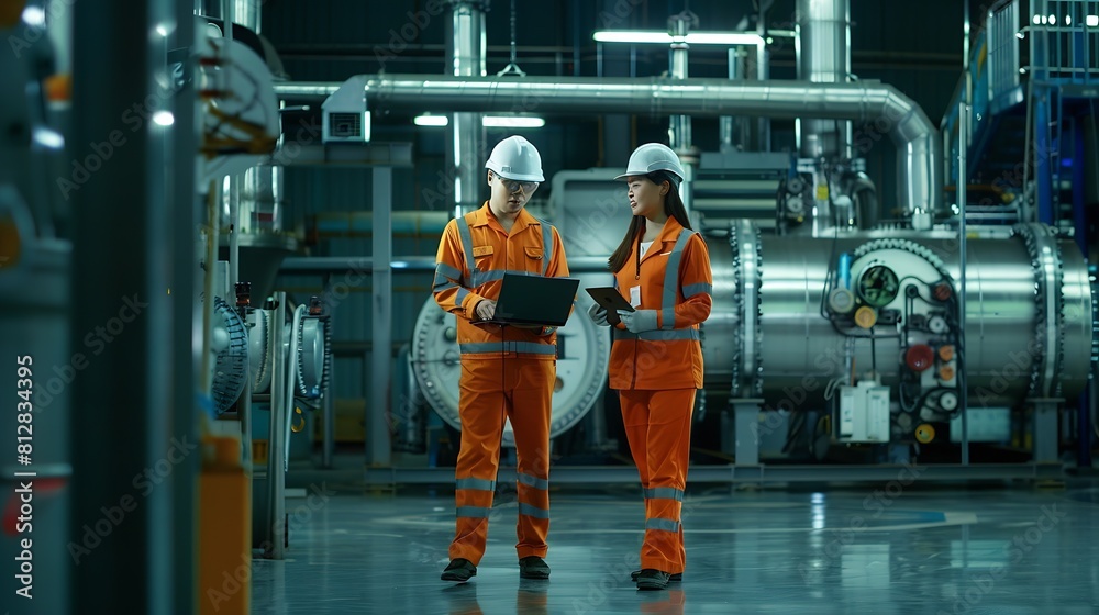 Poster two heavy industry employees in safety uniform and hard hats walking and talking in a factory asian 