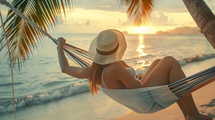 Summer vacations concept Happy woman with white bikini hat and shorts Jeans relaxing in hammock on tropical beach at sunset Koh mak Thailand : Generative AI