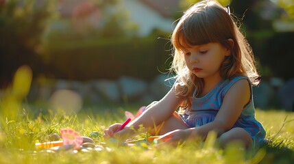 Cute little girl sitting outside on grass using colorful markers to draw on rocks during summer vacation : Generative AI