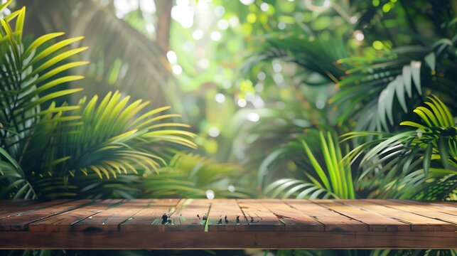 Wood tabletop counter podium floor in outdoors tropical garden forest blurred green palm leaf plant nature backgroundNatural product placement pedestal stand displaysummer jungle parad : Generative AI