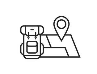 backpack and map with location pin line icon. travel, hiking and vacation symbol. isolated vector illustration for tourism design