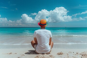 The photo shows a man sitting on the beach, wearing a hat and looking out at the ocean. The sky is blue and the water is clear. The photo is taken from behind the man.