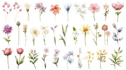 Set of watercolor wildflowers painting isolated on clear png background and transparent background. Fresh and nature concept for nature decorative and flower element, AI generative.	
