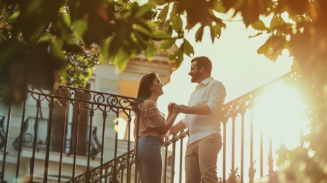 Tourist couple flirting while standing on a balcony Happy married couple enjoying a lovely morning outdoors Romantic couple spending their summer vacation at a luxury hotel : Generative AI
