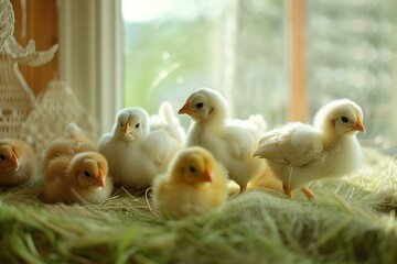 Group of adorable chicks enjoying warm sunlight by a window in a cozy indoor setting