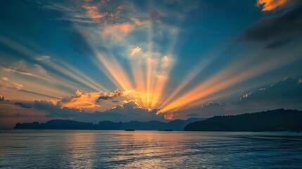 Majestic sunset over a tranquil sea with crepuscular rays piercing through clouds, silhouette of distant islands.