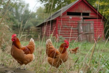 Three chickens roam freely in tall grass with a rustic red barn in the background