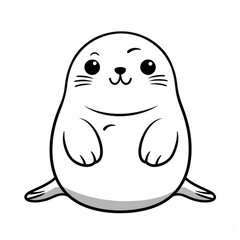 Fototapeta premium Cartoon seal in a sitting position on a plain white backdrop. Kids coloring page