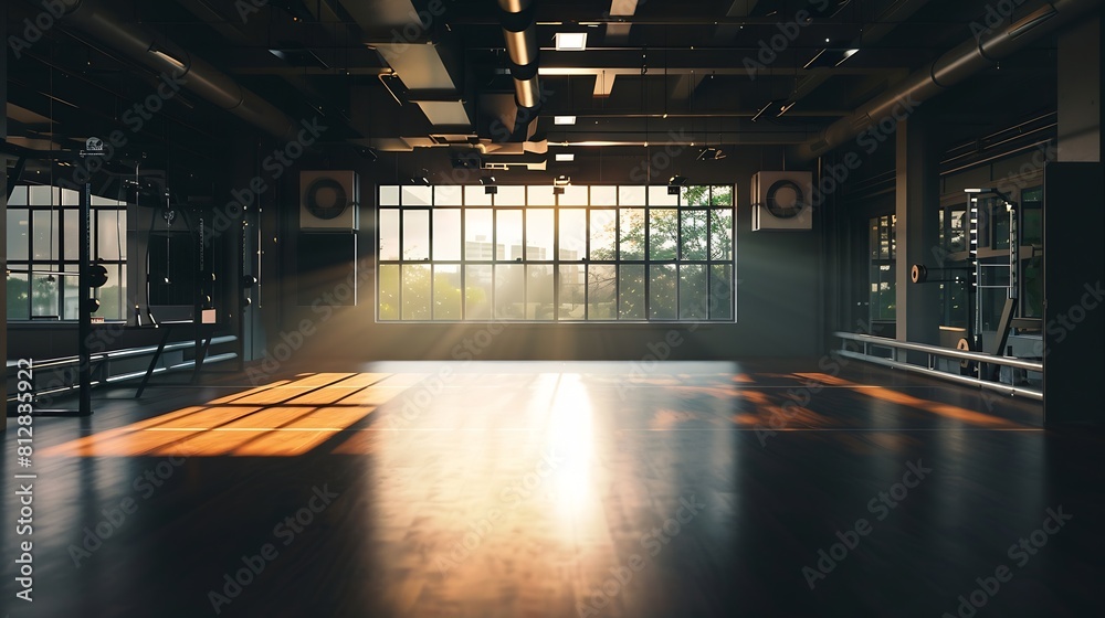 Poster empty gym and interior space or dark room with window and light flare for exercise training and fitn