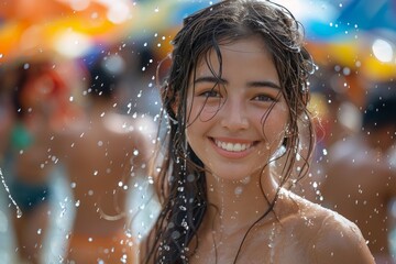 Fototapeta premium Close-up portrait of a young woman with wet hair enjoying water splashes, warm summer day atmosphere.