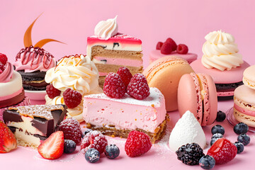 Gourmet Dessert Delights: A mouthwatering assortment of decadent desserts, from macarons to cheesecake slices, against a dessert lover's indulgence pink background 