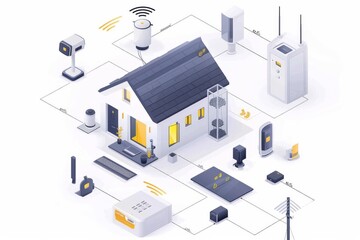 Obraz premium Secure your smart home with efficient ctv surveillance, modern security sensors, reliable cameras, shatter-proof locks, and illustrated safeguard equipment.