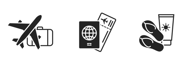 vacation icons. plane, passport, luggage and flight ticket. travel and journey symbols. isolated vector images for tourism design