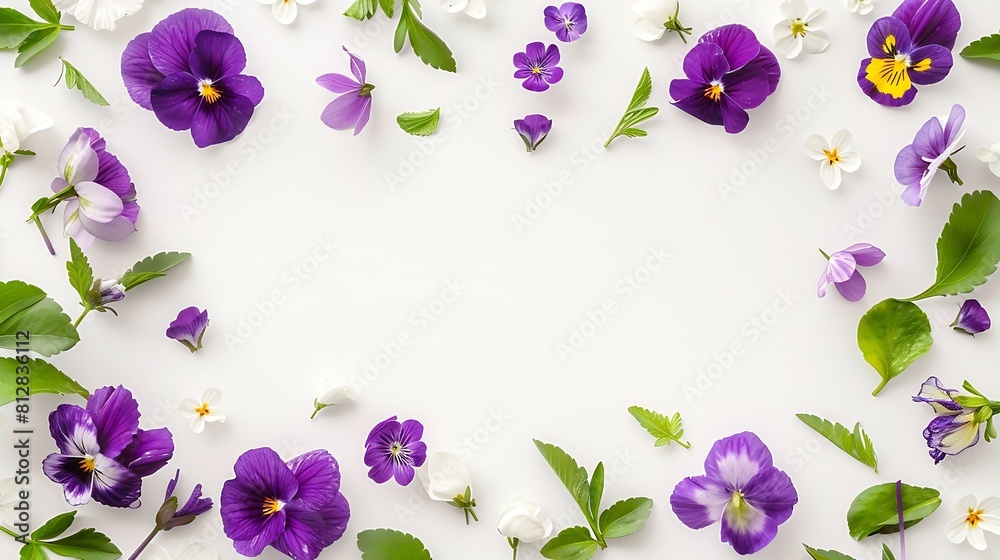 Poster viola pansy flower frame border violet spring flowers and leaves isolated on white background creati