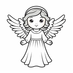 Fototapeta premium A cartoon angel with wings depicted on a plain white background. Kids coloring page