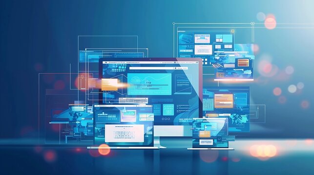 Web design studio web site responsive design presentation on computer display laptop smart phone and tablet Blue wall with web design concept elements : Generative AI - Powered by Adobe