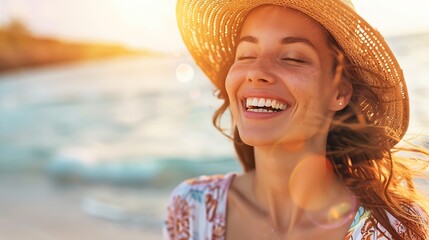 pretty attractive slim smiling woman on sunny beach in summer style fashion trend outfit happy freedom wearing white top jeans and colorful printed tunic boho style chic and straw hat : Generative AI