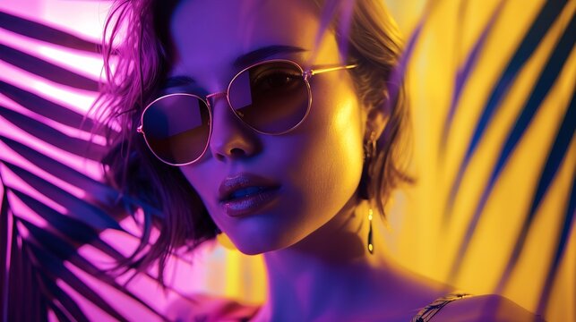 Holiday and style concept Studio portrait of beautiful woman with classic hairstyle and sunglasses Model face reflection and palm tree composition Toned image with purple and yellow co : Generative AI