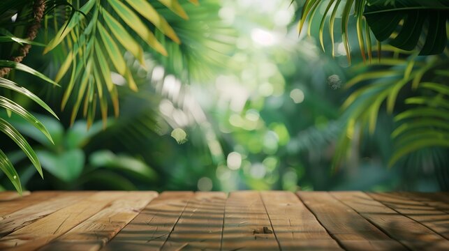 Wood tabletop counter podium floor in outdoors tropical garden forest blurred green palm leaf plant nature backgroundNatural product placement pedestal stand displaysummer jungle parad : Generative AI