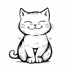 Black and white drawing of a cat in a seated position. Kids coloring page