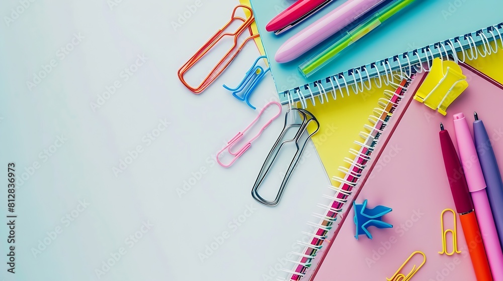Aufkleber school supplies concept top view photo of stationery stack of notepads pens binder clips and adhesiv