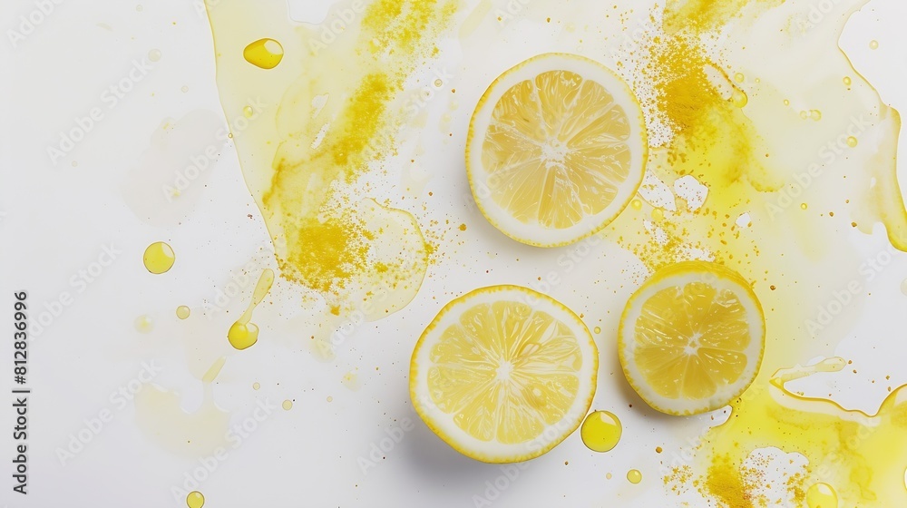 Poster creative layout made of lemon with watercolor spots on the white background flat lay food concept : 