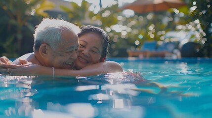 Senior couple hug and smile by swimming pool for relax love or quality bonding time together on summer vacation Happy elderly man holding woman relaxing with feet in water by the pools : Generative AI