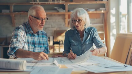 Senior married couple is actively discussing repairs in a new apartment or house while measuring the dimensions in the blueprints and sitting at the table and making notes : Generative AI
