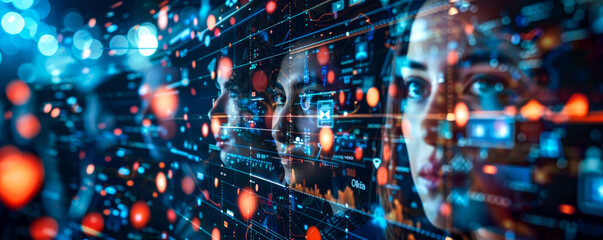 Global network and communication concept. people look at the screen with many faces. international communication on the Internet