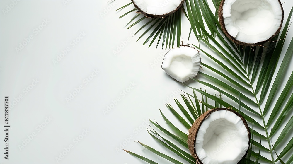 Poster Fresh coconut and palm leaf creative layout isolated on white background Food healthy eating and dieting concept Design element Flat lay top view : Generative AI