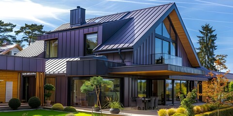 Obraz premium Sleek and Durable: A Modern House with a Corrugated Metal Roof. Concept Modern Architecture, Metal Roofing, Durable Design, Sleek Aesthetic, Residential Construction