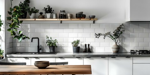 Stylish Scandinavian-Inspired White Kitchen with Plants, Wooden Table, and Ceramic Brick Wall. Concept Scandinavian Kitchen, White Decor, Plants, Wooden Table, Ceramic Brick Wall