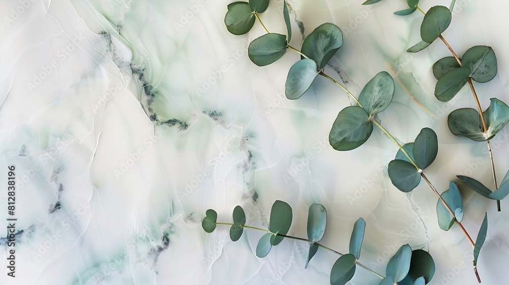 Poster watercolor eucalyptus branches on marble stone table top view floral composition flat lay top view c