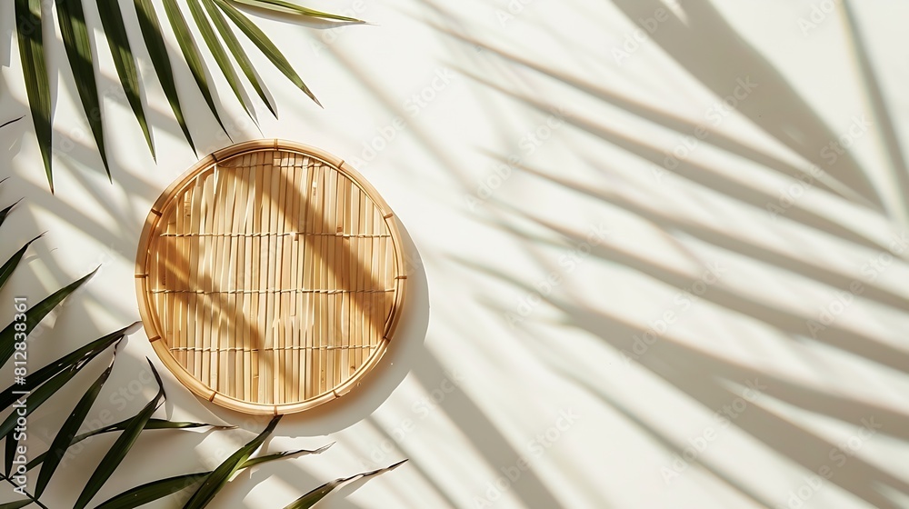 Aufkleber trendy summer layout made with bamboo round card on white background exotic shadow concept with copy