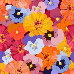 Seamless pattern with colorful pansy flowers and chrysanthemum.