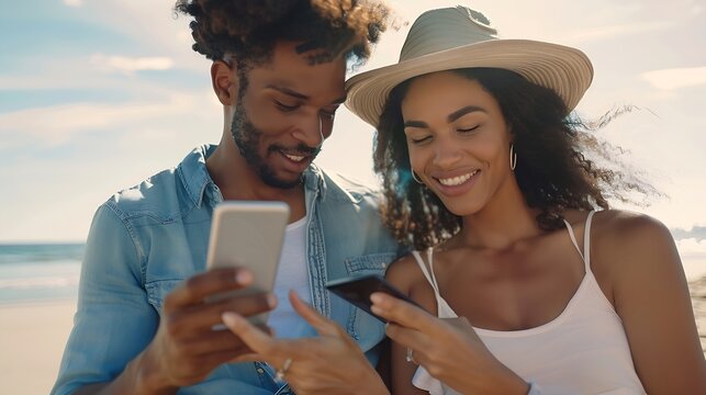 Front view portrait of an interracial couple checking phone enjoying together on the beach on summer vacation : Generative AI